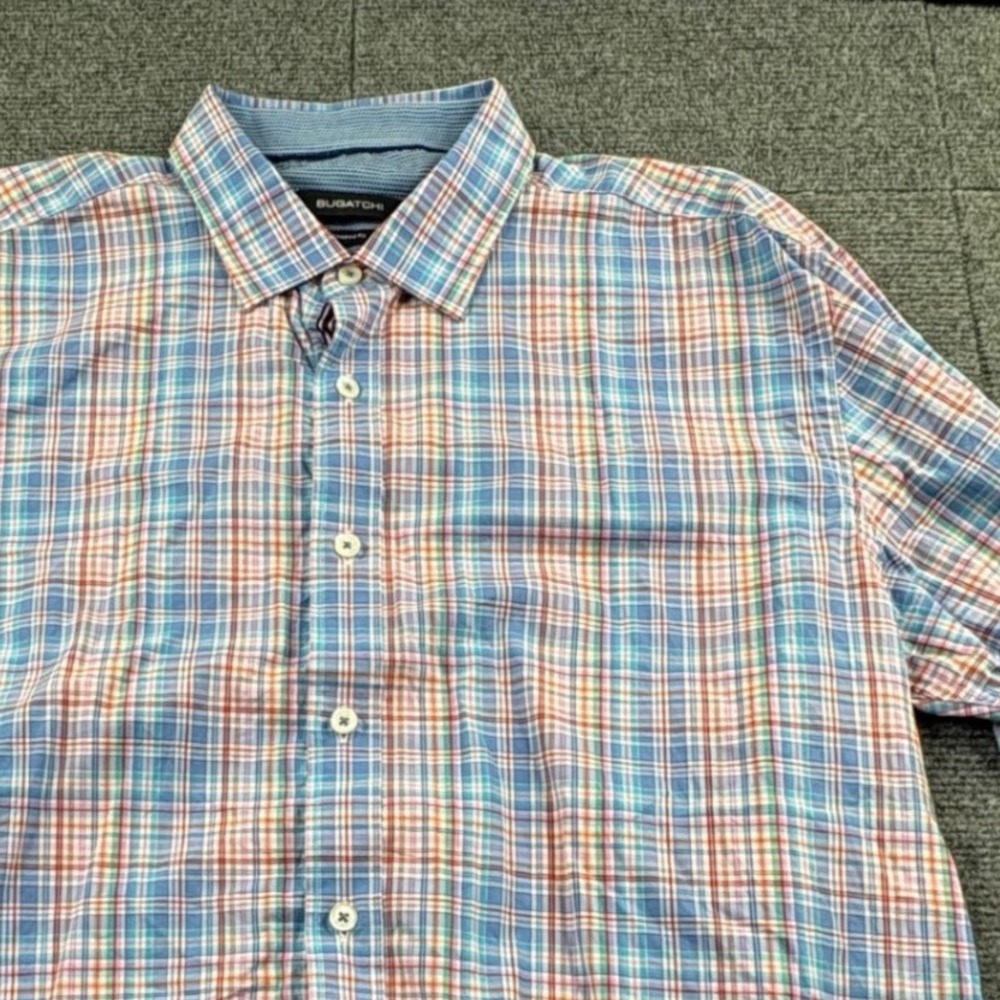 Bugatchi Mens Shaped Fit Long Sleeve Plaid Button Down Shirt Blue Red Large